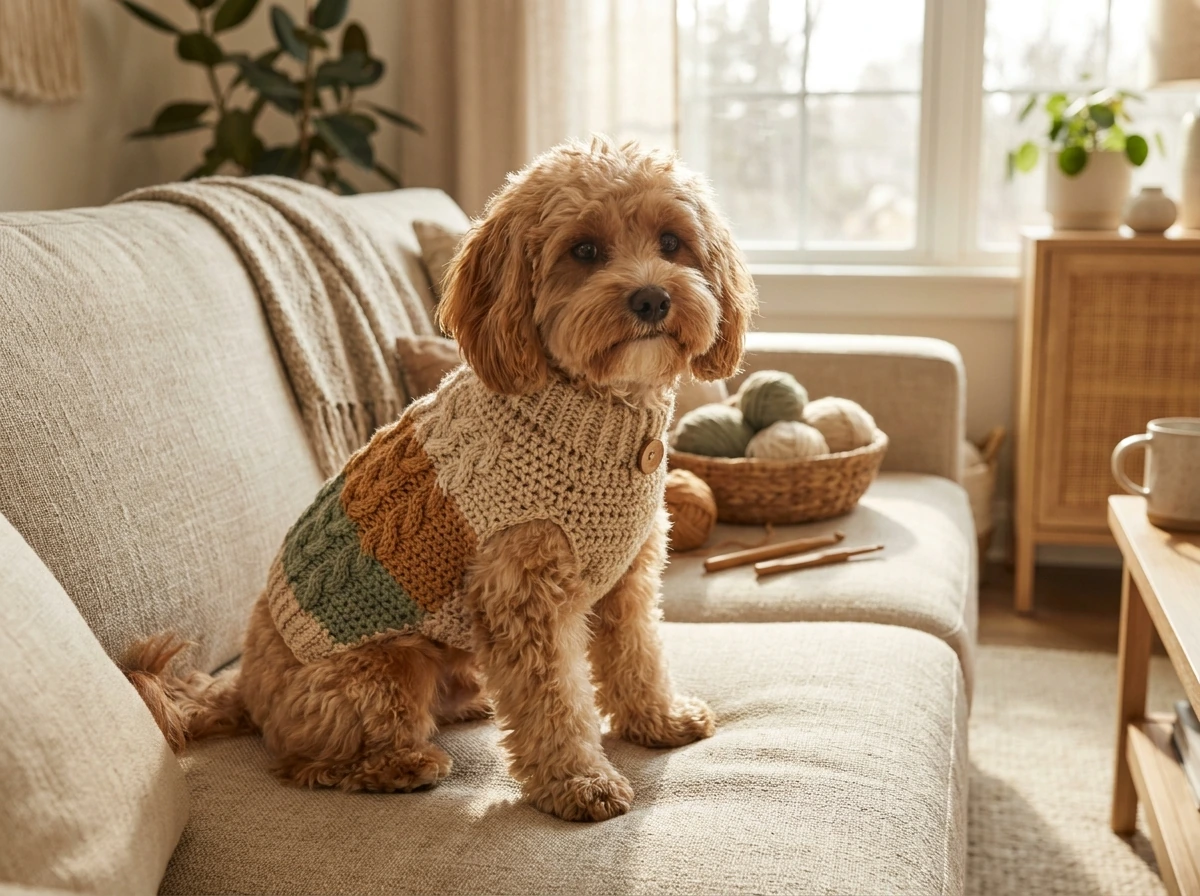 Mascota con ropita de ganchillo hecha a mano